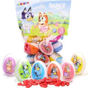 lot 609 image: FOUR Pack Galerie Bluey Plastic Easter Eggs with Red Candy Pouches, 15 Coun