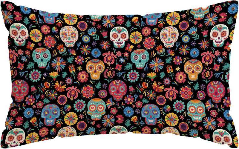 lot 67545 image: Sugar Skull Day of The Dead Lumbar Pillow Covers Home Decor 12x20In  Dia De Los Muertos Mexican Set of 1 Invisible Zipper Pillow Cases for Home Sofa Couch Outdoor Holiday Decorations