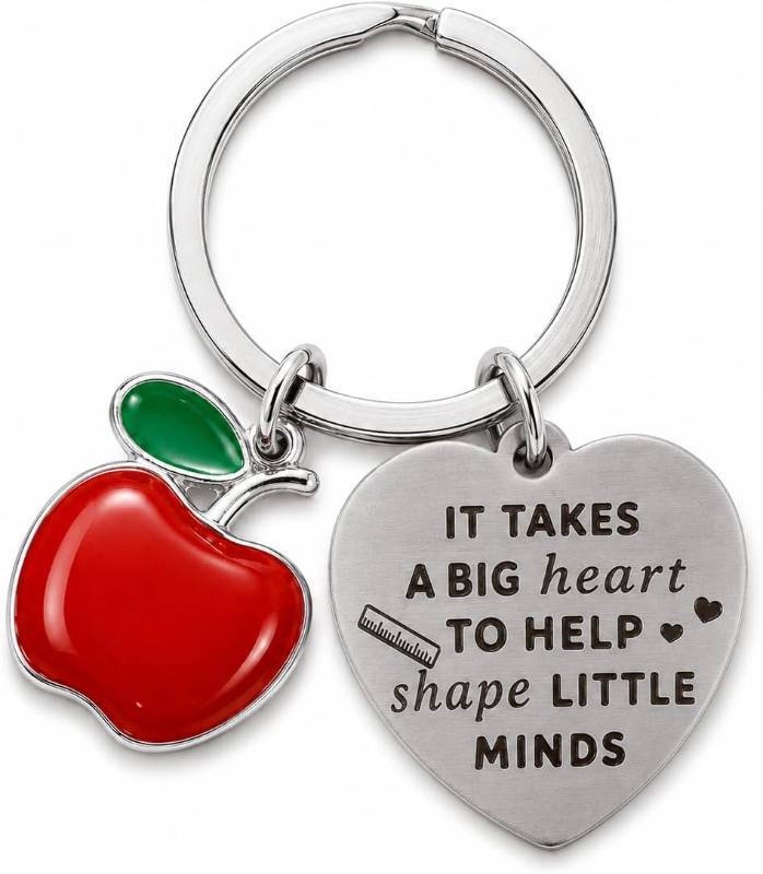 lot 67715 image: Teacher Appreciation Keychain, Stainless Steel Heart Pendant with Apple Charm, Thank You Teacher, Graduation Gift