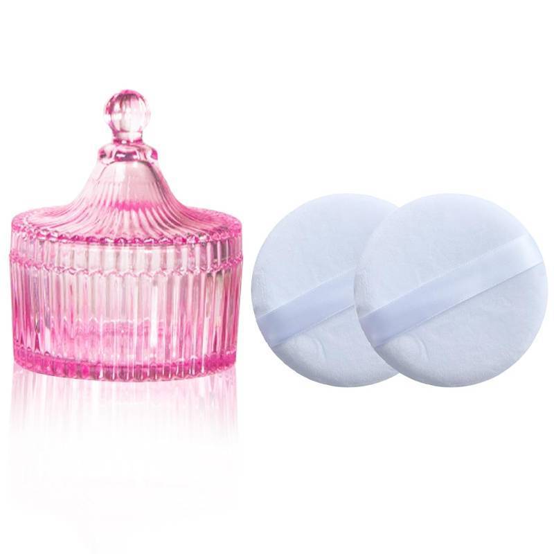 lot 67727 image: Body Powder Puff and Container, Glass Box for Dust Puff, Powder applicator with Case for Dusting Powder (Light Pink)