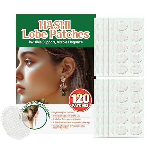 lot 67770 image: HA SHI Lobe Support Patches for Pierced Ears (120 Count)   Invisible Ear Lobe Tape to Prevent Stretching & Tearing  Hypoallergenic, Latex-Free