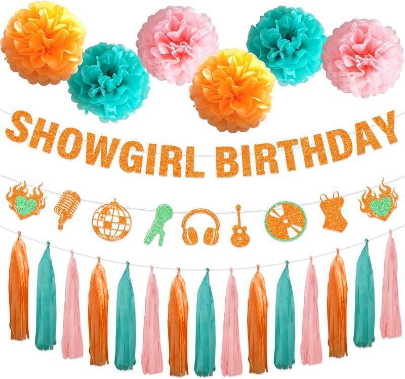 lot 67790 image: Showgirl Themed Party Decorations - 9PCS Glitter Showgirl Birthday Banners Paper Pom Poms Tassels for Party, Birthday Girl Era Bday Supplies Hanging Decor