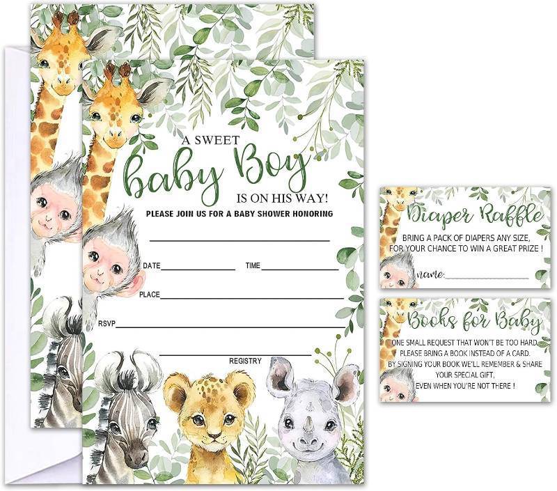 lot 67842 image: Set of 25 Baby Shower Invitations with Envelopes, Diaper Raffle Tickets and Baby Shower Book Request Cards, Jungle Animals 02,F5