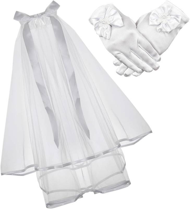 lot 67882 image: DDazzling Girls White First Communion Gloves and Holy 1st Communion Veil Girls Holy Ceremony,One Size
