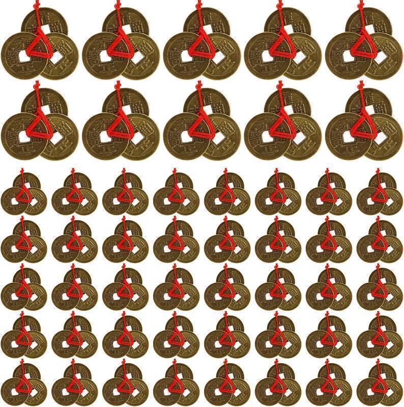 lot 64013 image: Peohud 150 Pieces Chinese Fortune Coins, 1 Inch Feng Shui Coins, Ancient Chinese Dynasty Coin with Red String for Chinese Lunar New Year Wealth, Good luck, and Success, 50 Sets Coins