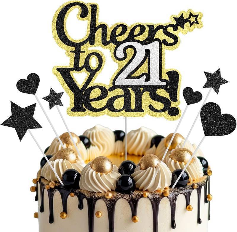 lot 67500 image: Cheers to 21 Years Cake Topper, Black Gold Happy 21st Birthday Cake Toppers for Women Men, 21st Anniversary Party Supplies,21 Years Old Birthday Party Cake Decorations Glitter for Him Her