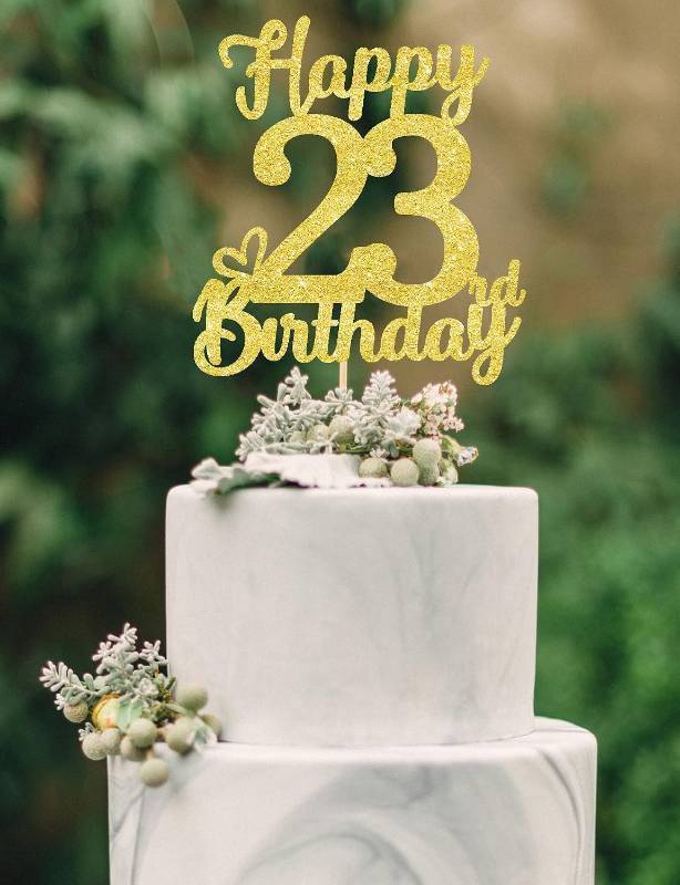 lot 67555 image: 23 Birthday Cake Toppers - Gold Glitter, 23rd Birthday Decorations for Men & Women