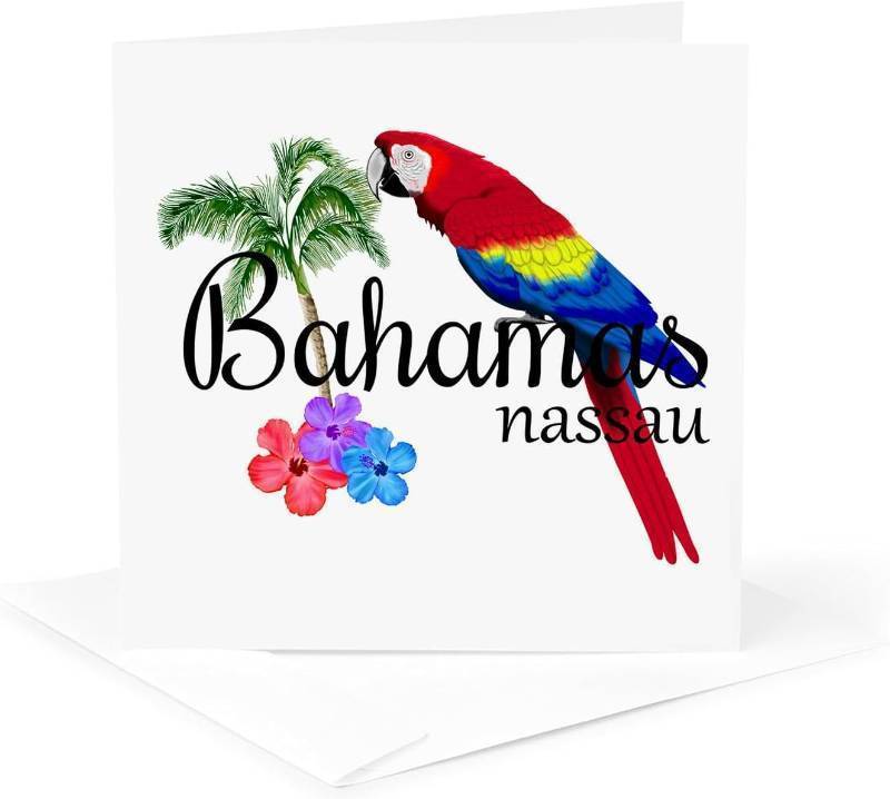 lot 67642 image: 3dRose Bahamas Nassau Caribbean souvenir with tropical parrot and flowers. 1 Greeting Card with envelope