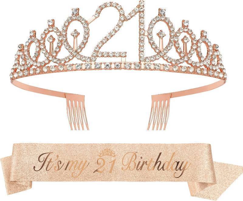 lot 67672 image: 21st Birthday Tiara and Sash Set Gifts for Women Girl Birthday Princess Tiara Rose Gold Queen Crown Headband Sash Headdresses Crowns Decorations for Her Party Supplies