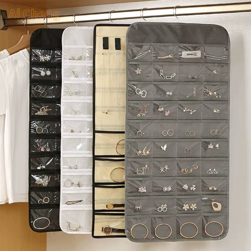 lot 66807 image: Hanging Jewelry Storage Bag Double-sided 80 Grids NEW GREY