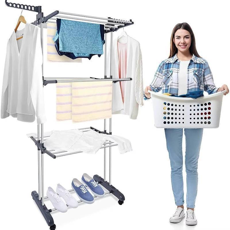 lot 85623 image: Foldable Clothes Drying Rack With Wheels 3 Tier Expandable Movable Gray
