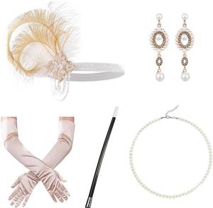 lot 67913 image: SAFERIN 1920s Flapper Accessories Gatsby Costume Accessories Set 20s Flapper Headband Pearl Necklace Gloves Plastic Holder 1920 Set-J Beige White