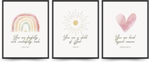 lot 67936 image: PLKMK Bible Verse Wall Art Decor Set of 3 - Boho Wall Art, Rainbow Sun Love Wall Art Prints for Home Bedroom Decor Aesthetic, Posters for Girls, 8x10 Inch (Unframed)