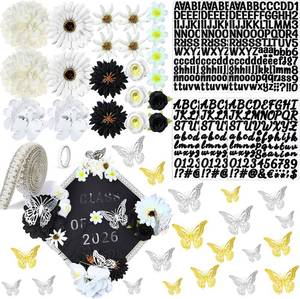 lot 67937 image: Wavwavw 53 PCS DIY Graduation Cap Decorations Kit, Grad Cap Decorations Included Faux Flowers 3D Butterfly Self Adhesive pearl Stickers Alphabet Letter Stickers for Grad Party Decor(Black)