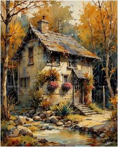 lot 67947 image: Autumn Cottage Paint by Numbers Kit for Adults   DIY Rustic House by Stream in Fall Painting on Canvas 16x20 Inches, Acrylic Paint Set, Suitable for Beginners, Art for Home Decoration or Gifts