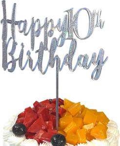 lot 67967 image: Happy 10th Birthday Cake Topper   Elegant & Fun Birthday Decoration, Sparkly, Built-In Stick, Thick & Sturdy, Mess-Free & Reusable Cake Topper (10, Silver)