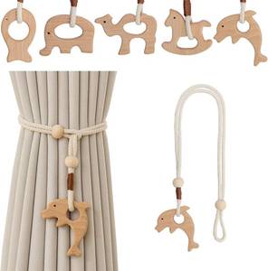 lot 69003 image: Wooden Animal Curtain Tie Backs- Cotton Rope Tiebacks Window Treatment Holdbacks with Natural Wood Beads for Home Outdoor Room Decor (2Pack, Dolphin)