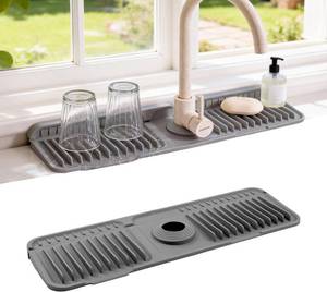 lot 69010 image: ZJWZLG Faucet Mat for Kitchen Sink, 17.7X5.5 Silicone Sink Splash Guard , Snap-On Design & 7 slope Fast Drain, Folding Sink Faucet Mat for Universal Kitchen Bathroom Sink(Grey)