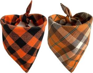 lot 69011 image: Realeaf Fall Thanksgiving Dog Bandanas 2 Pack, Orange Plaid Pet Scarf for Boy and Girl, Premium Durable Fabric, Holiday Halloween Bandana for Medium and Large Dogs (Large)