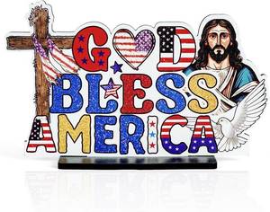 lot 69038 image: Putuo Decor Patriotic Table Decor Memorial Day Table Decorations Wooden God Bless America 4th of July Table Signs for Independence Day Table Topper Decoration Supplies