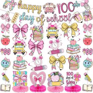 lot 69065 image: 100th Day of School Decorations,57PCS Happy 100th Day of School Banner Hanging Swirls and Honeycomb Centerpieces for Student Classroom Kindergarten Preschool Primary Party Decorations