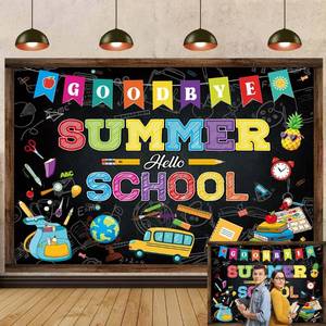 lot 69548 image: Goodbye Summer Hello School Backdrop Summer Back to School Party Backdrop Teachers Students First Day of School Classroom Banner Decoration Photo Prop (6X4FT(70 x 40 inch))
