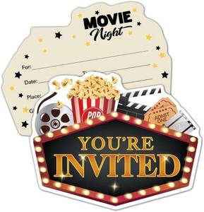 lot 69561 image: RZHV 15 Pack Movie & Popcorn Shaped Fill-In Party Invitations Cards With Envelopes for Boys Girls Adults, Funny Movie Theme Party Birthday Movie Night Cinema Hollywood Red Carpet Party Invite
