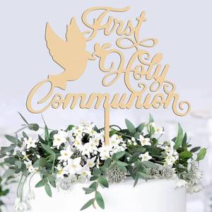 lot 69563 image: First Holy Communion Cake Topper - Rustic Wood Baptism Decorations Supplies, God Bless Baptism Cake Toppers for Boy and Girls, Photo Booth Props