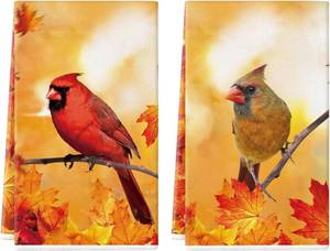 lot 69565 image: Fall Kitchen Towels 18x26 Inch Design for Cardinals Maple Leaves Dish Towel Absorbent Hand Towels Autumn Harvest Home Kitchen Decoration Set of 2