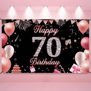 lot 69568 image: Happy 70th Birthday Banner Black and Rose Gold 70th Birthday Party Decorations for Women Men Cheers to 70 Years Old Birthday Balloons Background Backdrop Banners 70.86 x 43.3