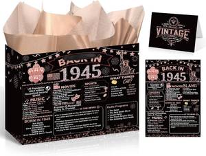 lot 69585 image: Yoirrat Black Rose Gold 80th Birthday Gift Bag with Greeting Card, Poster, Tissue Paper, Retro Pattern, Cardstock Material, 11.8 x 9.4 x 5.3 Inches