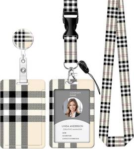 lot 69591 image: Retractable ID Badge Holder Lanyard with Clip & Keychain, Adjustable, Cute Durable Breakaway Reel, Perfect for Women Nurses, Teachers, Office Doctor Workers(Beige Plaid)