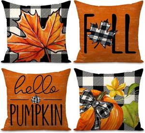 lot 69601 image: Hello Pumpkin Maple Leaf Pillow Covers 18x18 Inch Buffalo Plaid Orange Decorative Throw Pillow Cases for Holiday Seasonal Farmhouse Decorations Sofa Couch Set of 4