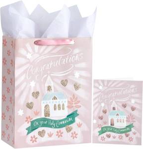 lot 69602 image: WRAPAHOLIC 13 Large Gift Bag with Card and Tissue Paper - Pink Congratulations on Your Holy Communion for First Communion, Baby Girl Baptisms, Christenings, Religious