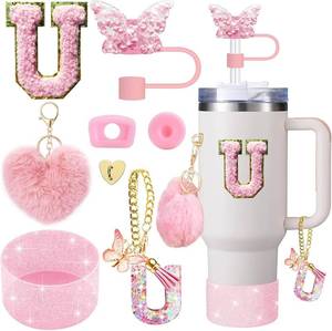 lot 69603 image: 8PCS Cup Accessory Set for Stanley Cup 30oz 40oz, Includes Butterfly Straw Cover Cap, Silicone Boot, Alphabet Handle Charm, Initials Sticker, 2PCS Spill Proof Stopper, Heart Hook, Love Plush Ball. (U)