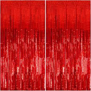 lot 69611 image: 2 Pack Foil Curtain Backdrop Red Metallic Tinsel Foil Fringe Curtains Photo Booth Props for Birthday Wedding Engagement Baby Shower Bachelorette Christmas Holiday Celebration Party Decorations