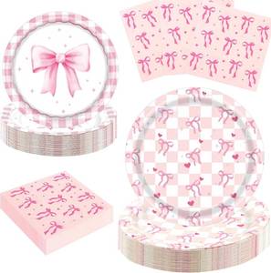 lot 69650 image: 150PCS Pink Bow Birthday Party Decorations - Coquette Paper Plates and Napkins for 50 Guests, Elegant Disposable Tableware Supplies for Bachelorette, Baby Bridal Shower, Engagement, Tea Party