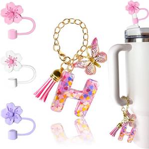lot 69662 image: Compatible with Stanley Cup Accessories, Letter Charm and 3Pcs Silicone Straw Cover, 0.4 10MM Straw Toppers for Stanley 30 40 oz Tumbler, Pink Initial Letter Charm with Butterfly and Tassel (H)