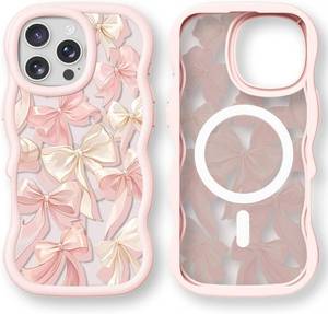 lot 69673 image: Bouvardia for iPhone 16 Pro Max Case - Pink Wavy Shockproof Frame & Pink Bow Dance Pattern - Compatible with Magsafe - Anesthetic Cute Design for Women and Girls