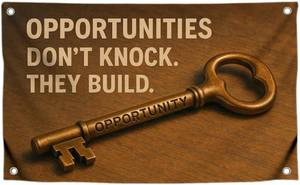lot 69685 image: 3x5 Feet Motivation Flags with Quote Opportunities Dont Knock. They Build. with Four Brass Grommets - Single Sided Key To Opportunity Tapestry Flag - Cool Polyester Poster for Decor Living Room