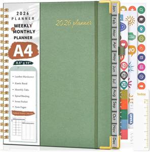 lot 69036 image: 2026 Planner, Weekly and Monthly Calendar Planner from January 2026 - December 2026, 8.5 x 11 Hardcover Leather Hourly Appointment Book with Tabs, Spiral Daily Planners for School Work Home, Green