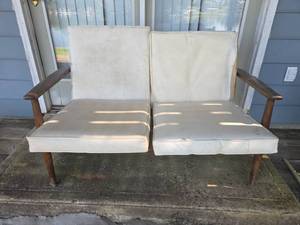 lot 6582 image: Two-Seat Wood Frame Sofa w Cream Cushions