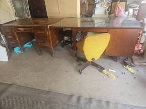 lot 6537 image: Vintage Wood Desk with Glass Top and Desk W Drawers