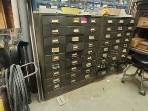 lot 6569 image: Industrial Metal Apothecary Cabinet Multi-Drawer Storage