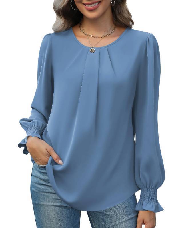 lot 1126 image: Funlingo Blouses for Women Dressy Casual Long Sleeve Ruffle Teacher Shirts Fall Loose Business Work Tunics or Tops to Wear with Leggings Dusty Blue M - Retail $27