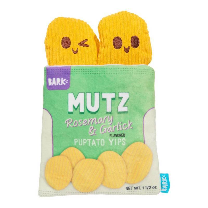 lot 1119 image: BARK Spring Picnic in the Bark Mutz Garlick Chips Dog Plush Toy - 3pc - Retail $14