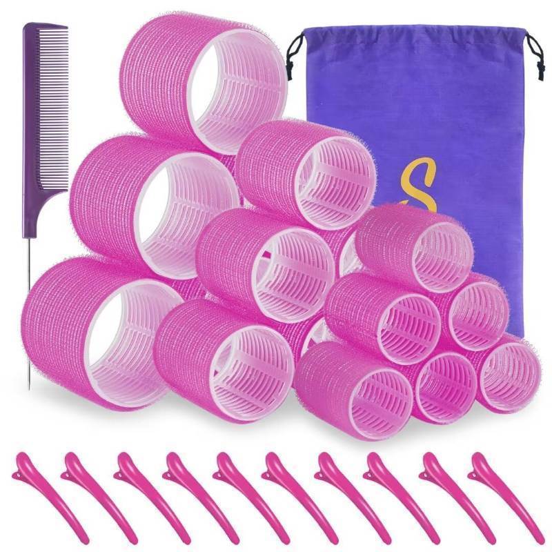 lot 1116 image: Self grip hair roller set,18 pcs,Hair rollers with hair roller clips and comb,Salon hairdressing curlers,DIY Hair Styles, Sungenol 3 Sizes Rose red Hair Rollers in 1 set Retail $13.99