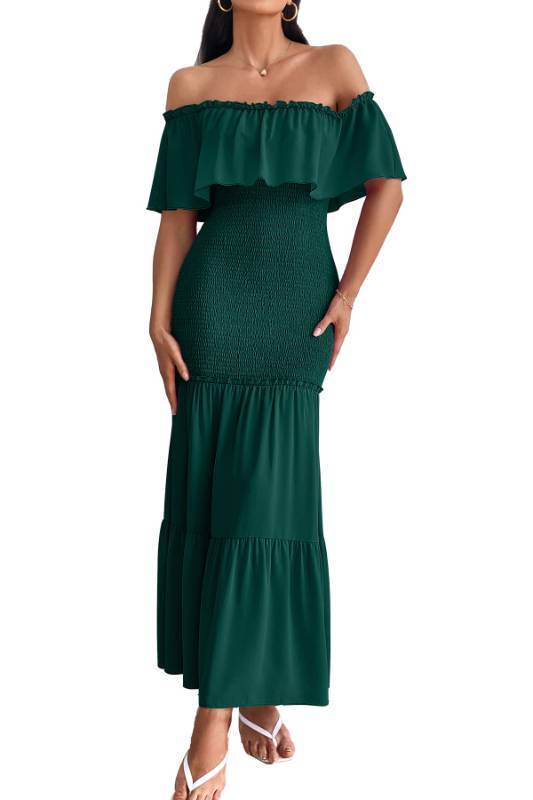 lot 1131 image: PRETTYGARDEN Womens Sexy Summer Maxi Pencil Dress Off Shoulder Ruffle Smocked Mermaid Bodycon Party Cocktail Dresses (Dark Green,Large) - Retail $0