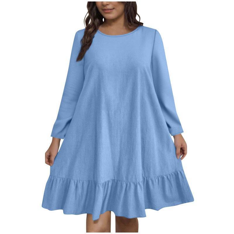 lot 1130 image: Urban Coco  Womens A-Line Ruffle Hem Knee Length Dress 2025 Fall Casual Long Sleeve Crewneck Pullover Cute Babydoll Dresses Blue - Retail $19
