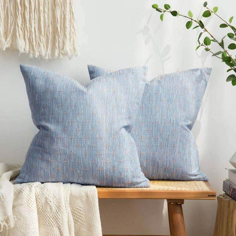 lot 1112 image: MIULEE Pack of 2 Decorative Burlap Linen Throw Pillow Covers Modern Farmhouse Pillowcase Rustic Woven Textured Cushion Cover for Sofa Couch Bed 18x18 Inch Light Blue - Retail $19